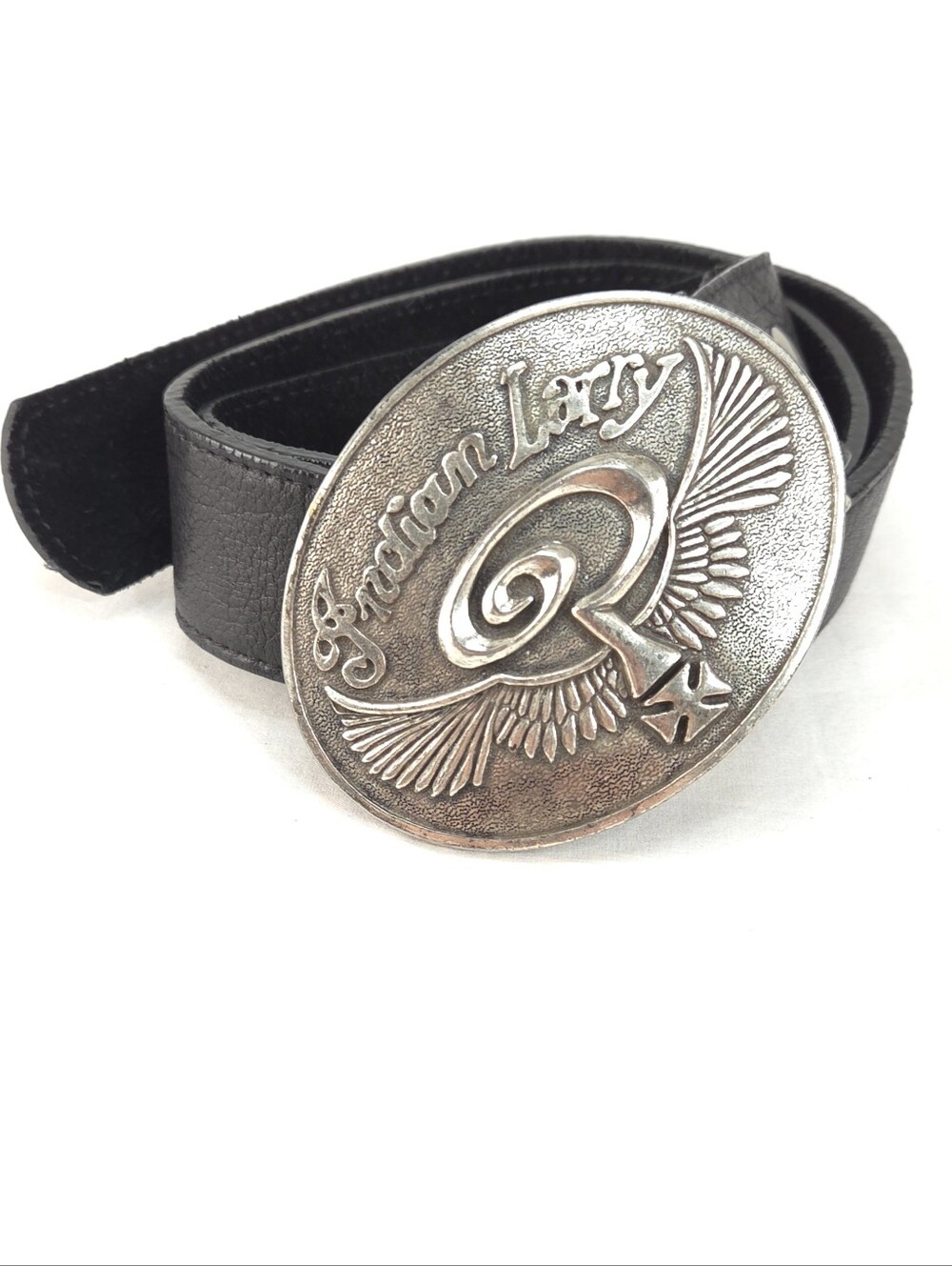 Black Leather Belt with Silver-Tone Oval Buckle